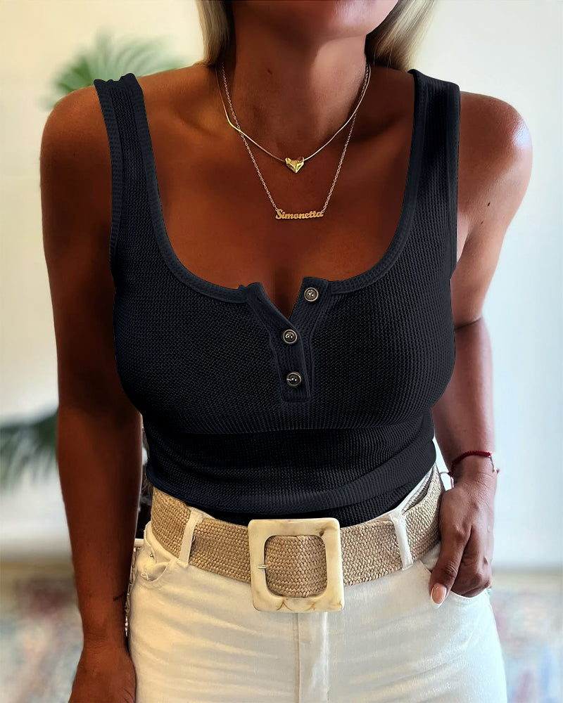 U-Neck Sleeveless Half Button Front Tank Slim Fit Backless Knit Waffle Tank Top