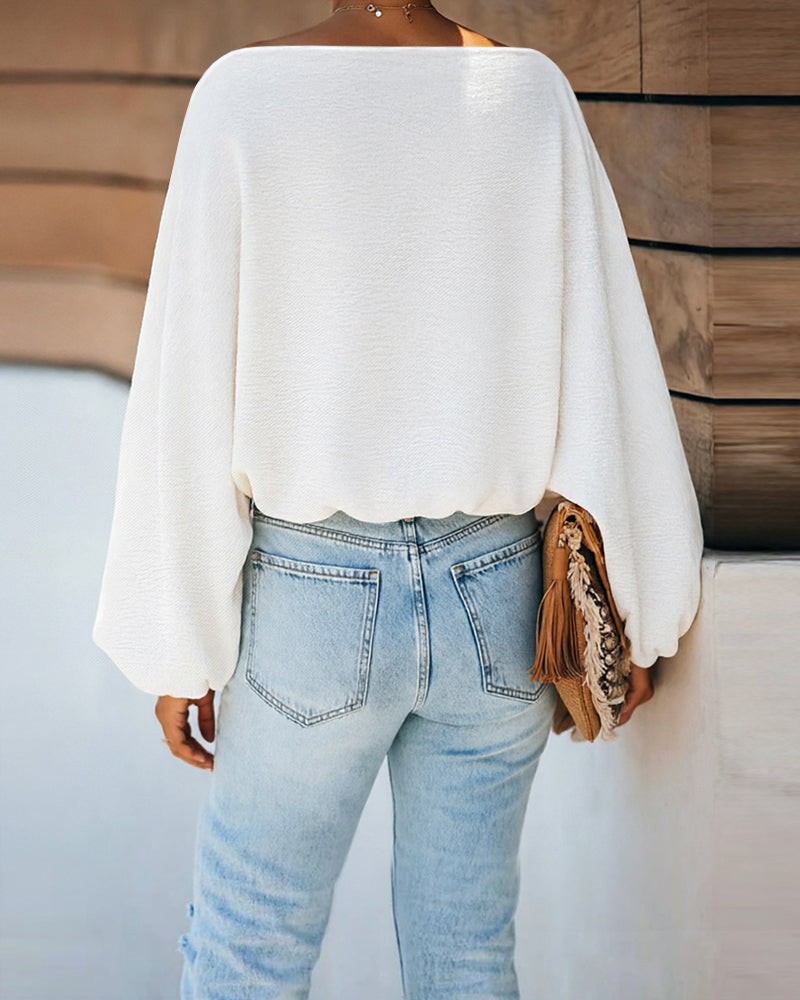Women's French Style Off Shoulder Blouse Elegant Lantern Sleeve Top Versatile Skew Neck Textured Shirt
