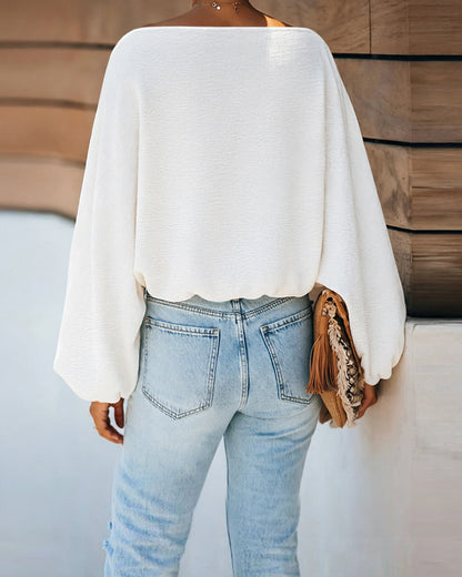 Women's French Style Off Shoulder Blouse Elegant Lantern Sleeve Top Versatile Skew Neck Textured Shirt