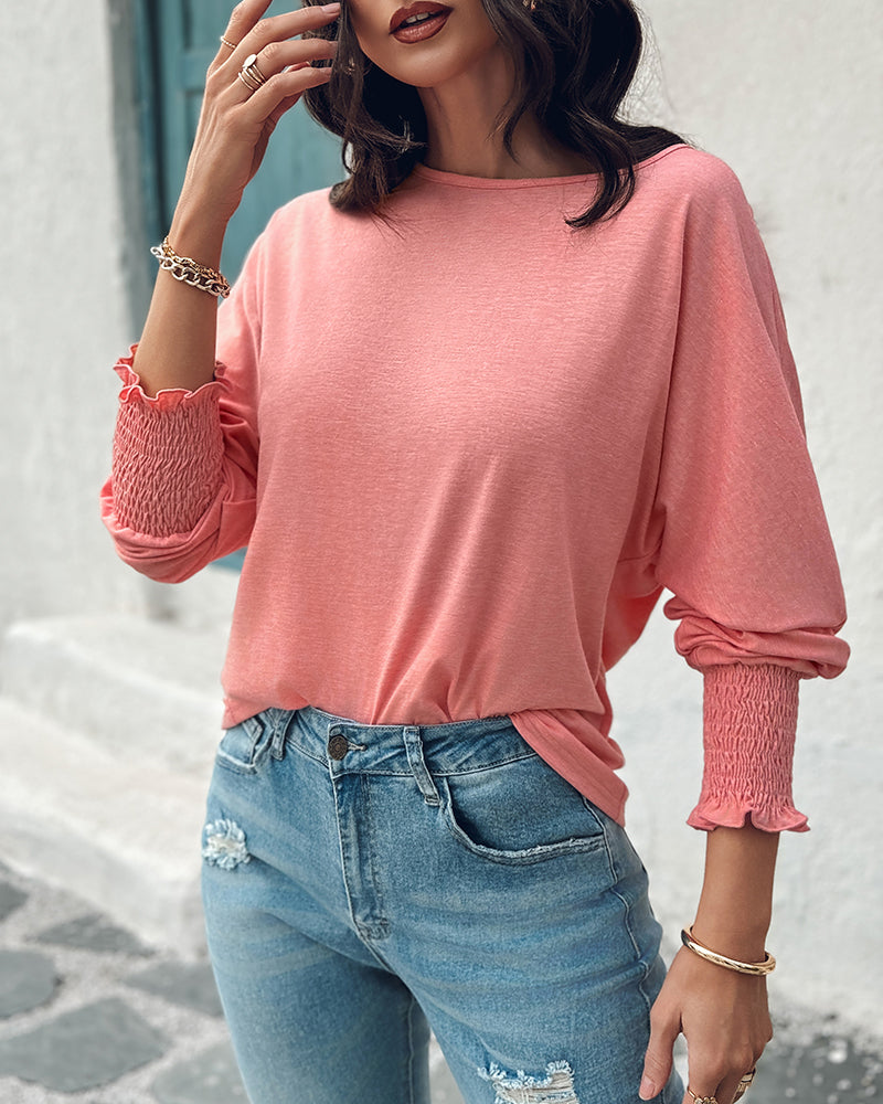 Round Neck Three Quarters Shirred Lantern Sleeve Softy T-Shirt Casual Tee