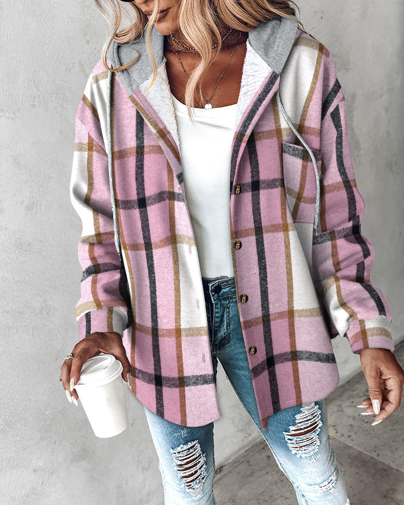 Plaid Print Long Sleeve Button Front Drawstring Hoodie Coat Casual Pocket Design Thermal Lined Shirt Coat