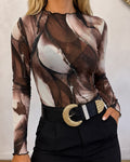Women's Sheer Mesh Tie Dye Print Mock Neck Frill Trim Long Sleeve Top