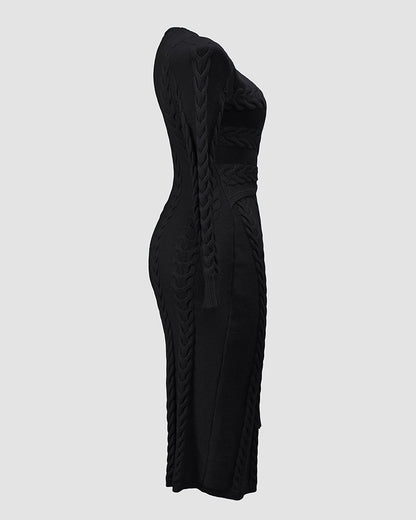 Cable Textured Overlap Deep V Neck Long Sleeve Mid Length Dress Tie Waist Slim Fit Knit Dress