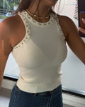 Women's Pearls Rhinestone Knit Racerback Tank Top Ribbed Crewneck Sleeveless Top