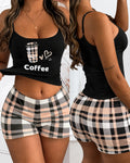 Women's Two Piece Pajamas Set Coffee Print Adjustable Strap Crop Cami Top and Plaid Shorts