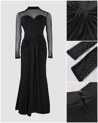 Rhinestone Decor Mock Neck Mesh Yoke Zipper Back Party Dress Cinched Waist Draped Mermaid Hem Maxi Evening Dress