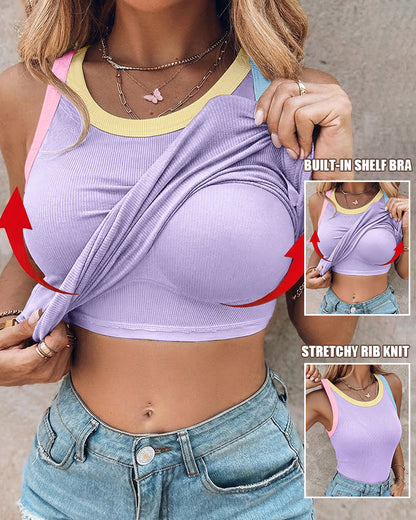 Women's Contrast Binding Tank Top Ribbed Knit Sleeveless Scoop Neck Slim Fit Camisole Top with Built-in Bra