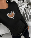 Women's Rhinestone Heart Hollow-out Long Sleeve Ribbed Knit Fitted Top