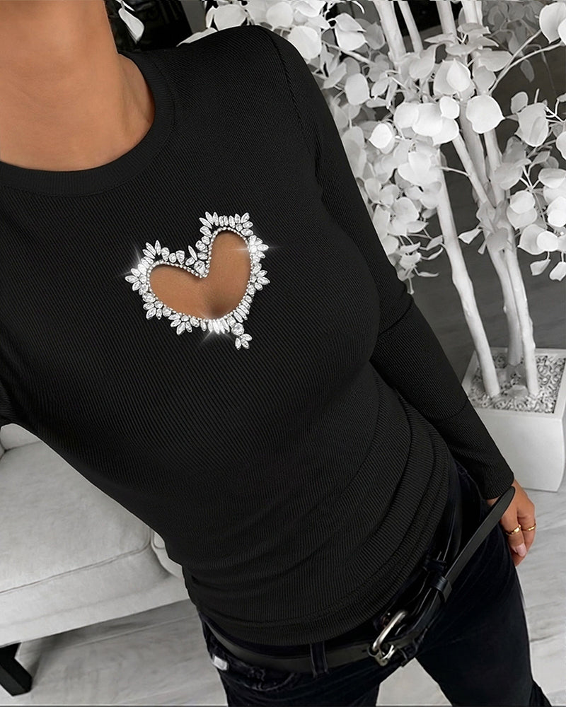 Women's Rhinestone Heart Hollow-out Long Sleeve Ribbed Knit Fitted Top