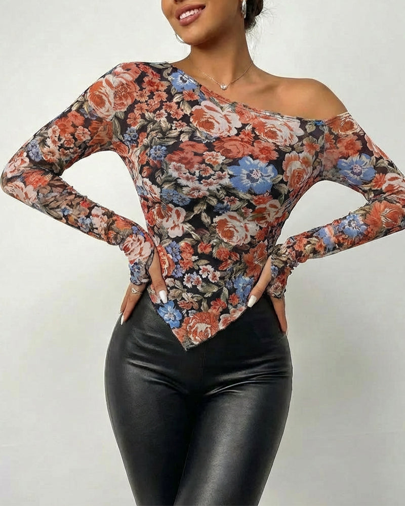 Vintage Floral Print Skew Neck Long Sleeve Asymmetrical Hem Tee Slim Fit Side Ruched Sheer Mesh Top with Thumb Hole Cuffs & Lining