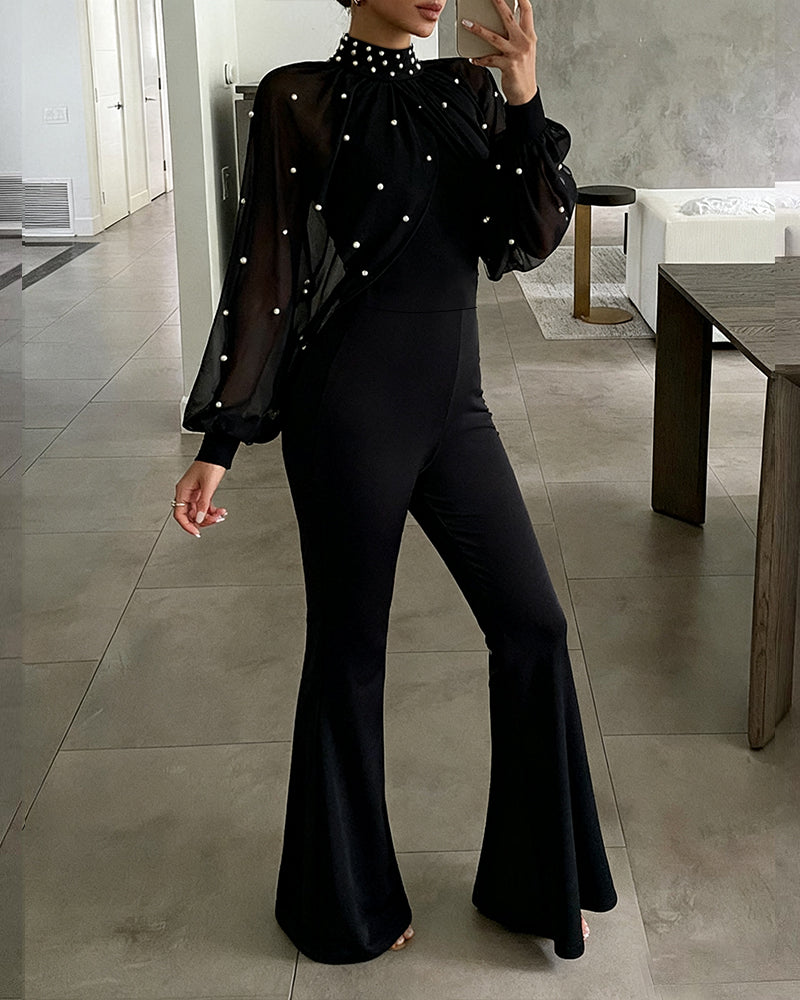 Pearls Decor Mock Neck Chiffon Draped Cape-style Lantern Sleeve Overalls Casual Ruched Zipper Back Flared Jumpsuit