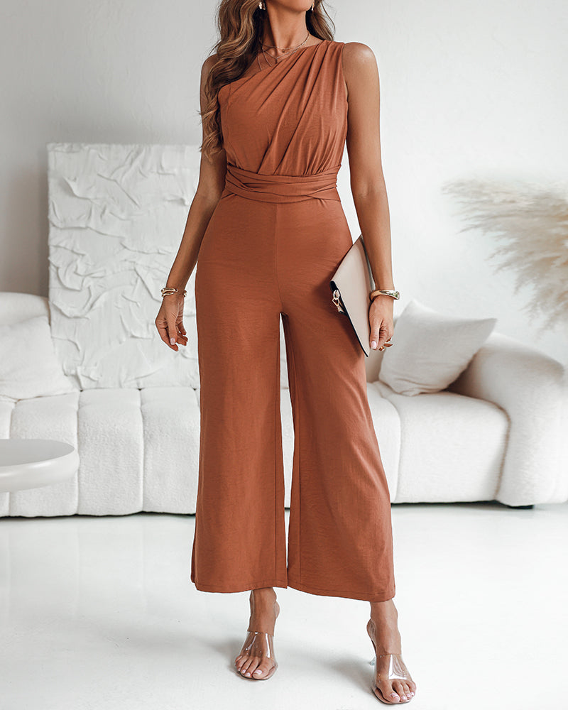 One Shoulder Sleeveless Ruched Cinched Waist Zipper Side Overalls Tied Detail Elastic Waist Wide Leg Jumpsuit