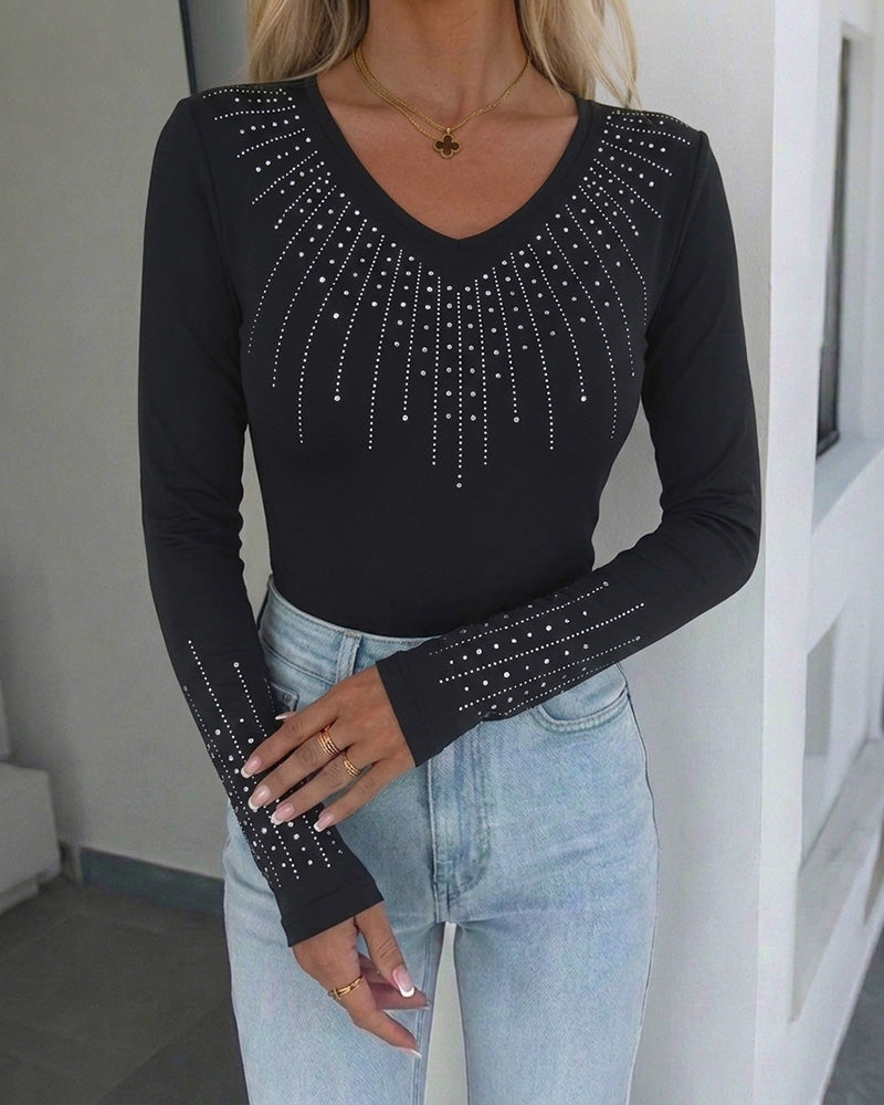 Women's Rhinestone V-Neck Long Sleeve Tee Slim Fit Sparkly Fitted Top