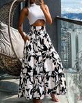 Women's Vintage Floral Shirred High Waisted Maxi Skirt Ruffle A Line Flowy Vacation Skirt with Pockets