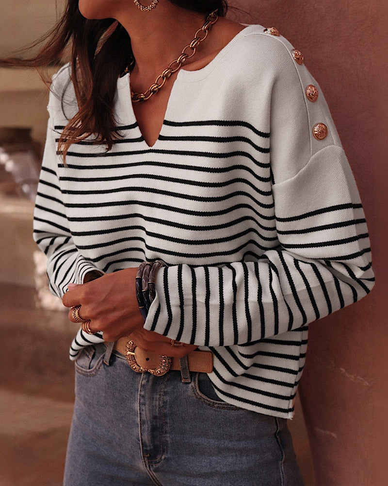 Women's Striped Knit Top Notch Neck Gold Button Drop Shoulder Long Sleeve Sweater