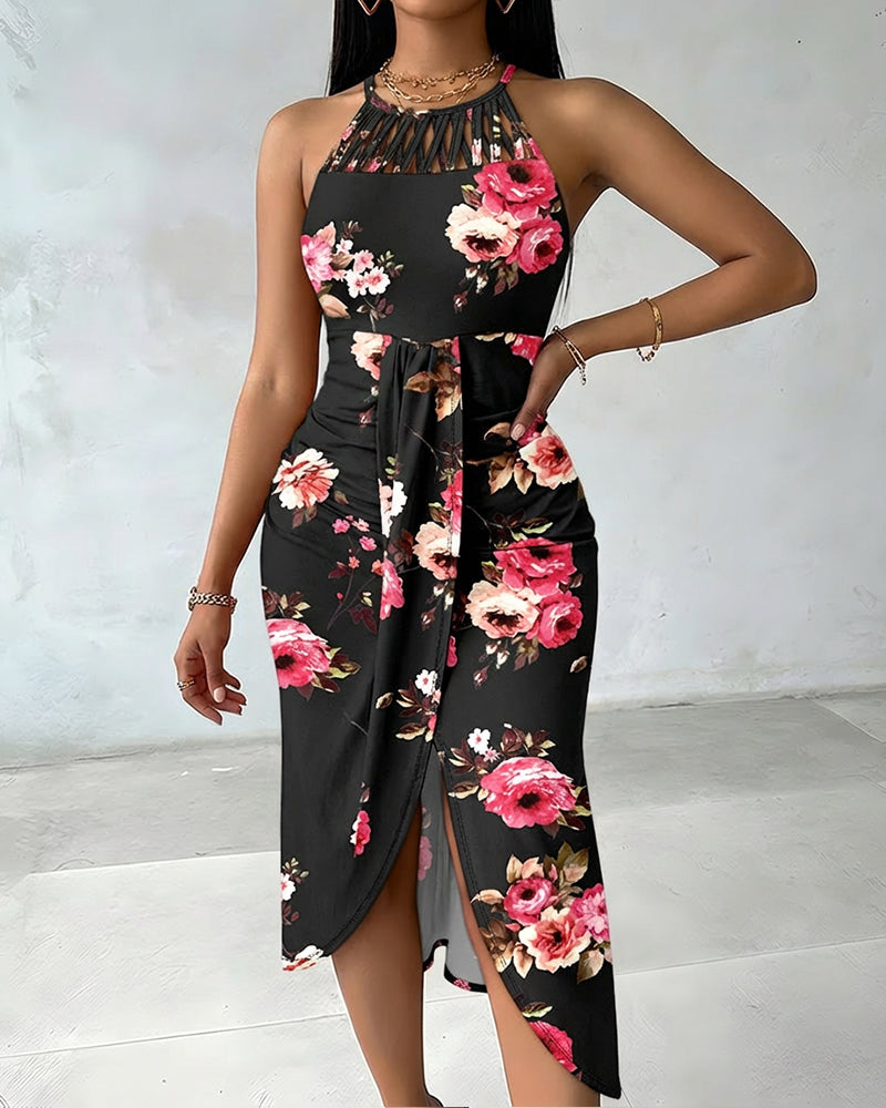 Vintage Floral Print Halter Tie Hollow-out Criss Cross Spliced Front Ruched Dress Casual Draped Slit Front Vacation Dress