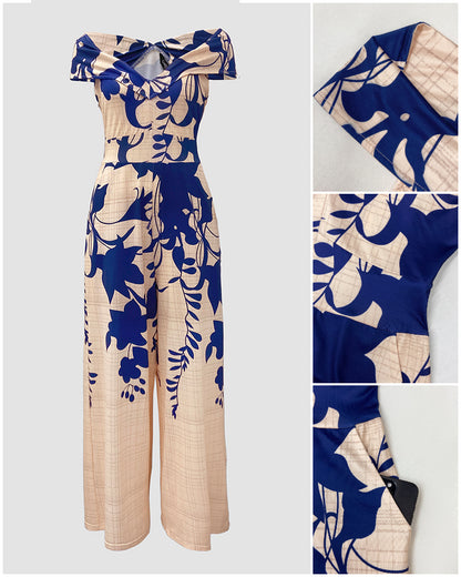 Floral Print Off Shoulder Sleeveless Deep V-Neck Jumpsuit Casual Zipper Side Wide Leg Jumpsuit