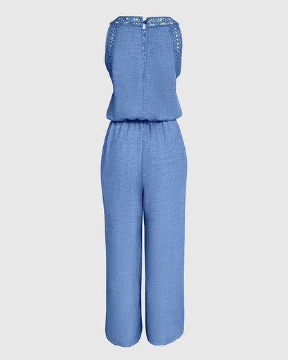 Women's Halter Jumpsuit Lace Trim Backless Overalls Tied Detail Wide Leg Jumpsuit with Pockets