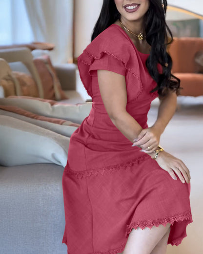 Butterfly Sleeve Hollow-out Back Shirred Work Dress Casual Cinched Waist Lace Trim Ruffle Hem Dress