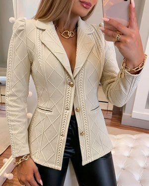 Blazer texturé Argyle élégant pour femme, coupe ajustée, manches bouffantes, veste de costume, bouton doré, travail, bureau, banlieue, avec poches