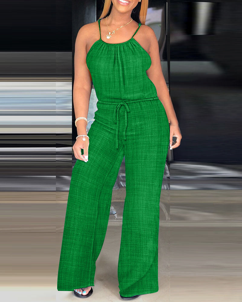Womens Spaghetti Strap Drawstring Tied Waist Jumpsuit Casual Overalls