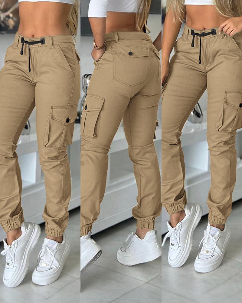 Zipper Fly Drawstring Elastic Back Waist Cuffed Trousers Casual Multiple Flap Pockets Design Cargo Pants
