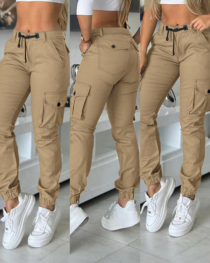 Zipper Fly Drawstring Elastic Back Waist Cuffed Trousers Casual Multiple Flap Pockets Design Cargo Pants
