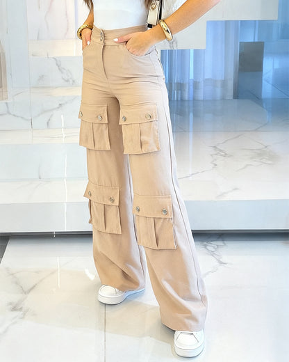 High Waist Zipper Fly Multiple Flap Pockets Design Utility Pants Casual Elastic Back Waist Wide Leg Cargo Pants
