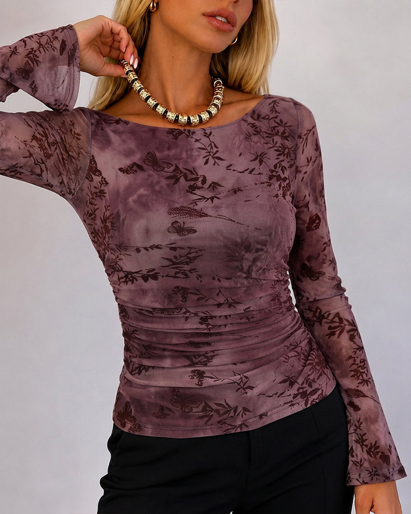 Women's Vintage Flocked Floral Boat Neck Ruched Mesh Top Long Flare Sleeve Crop Pullover
