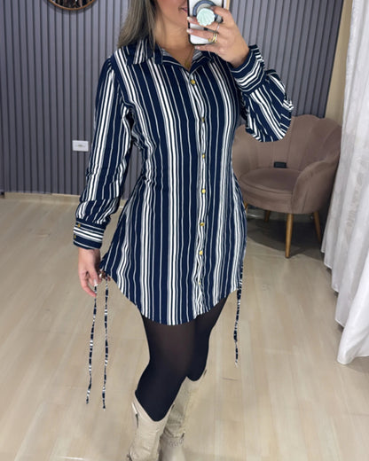 Women's Striped Shirt Dress Button Down Long Sleeve Shirred Waist Casual Dress