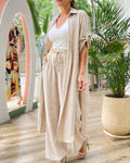 Women's Textured Two Piece Outfit Long Sleeve Button Down Longline Shirt and Wide Leg Pants Set Casual Matching Set