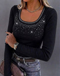 Figurbetontes geripptes Damen-Langarmtop mit Strass und U-Ausschnitt