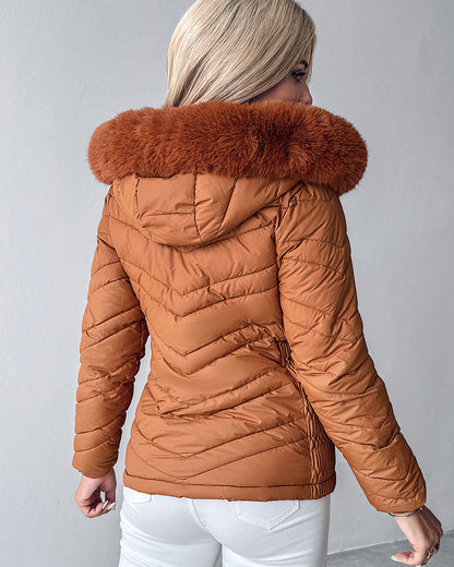 Zipper Pocket Design Shirred Fuzzy Trim Fleece Lined Hooded Puffer Jacket