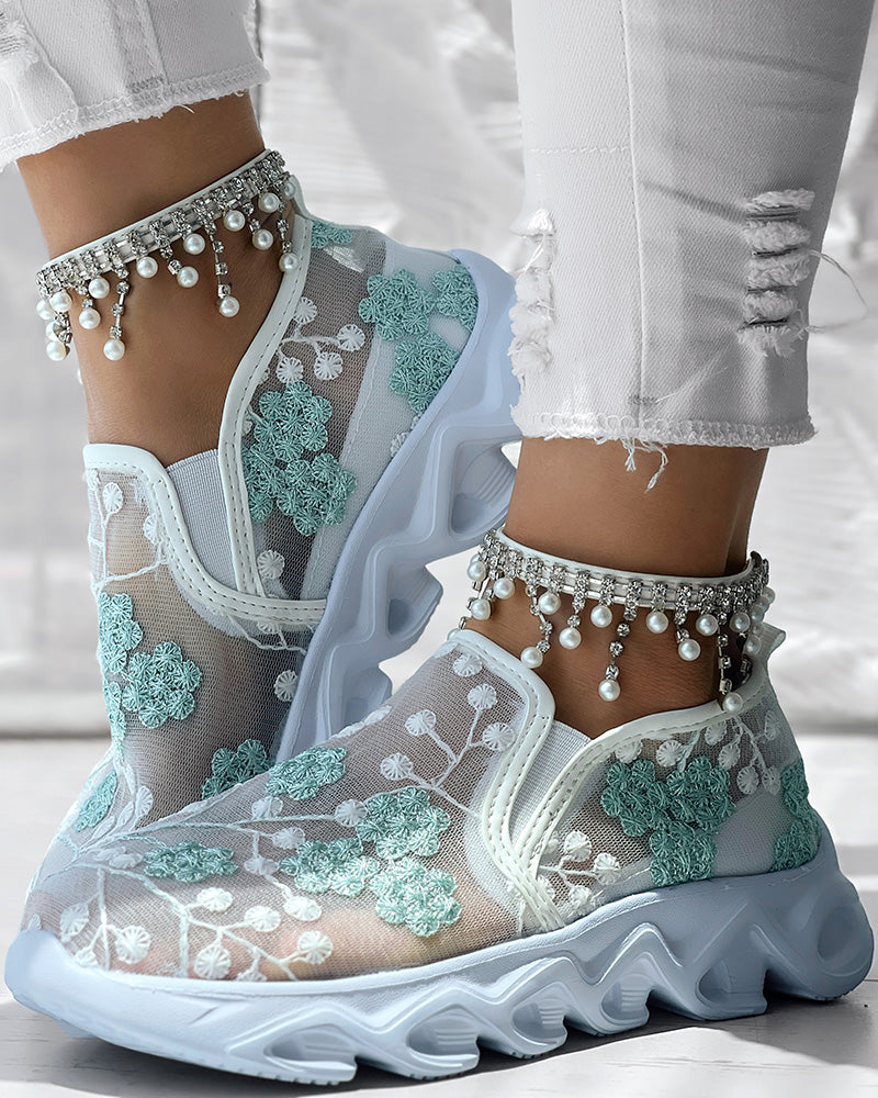 Floral Pattern Sheer Mesh Patch Round Toe Sneakers
