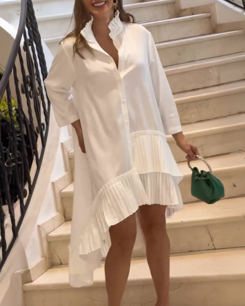 Pleated High Neck Button Down Asymmetrical Pleated Ruffle Hem Vacation Dress Casual High-Low Hem Loose Dress