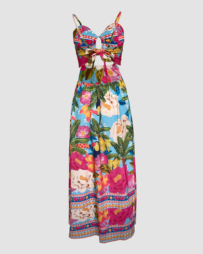 Floarl Print V Neck Lace Up Hollow Out Vaction Dress Casual A Line Tied Detail Backless Maxi Dress