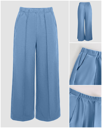 2 Pieces Outfit O-neck Long Sleeve Cinched Waist Sweatshirt and Elastic Waist Wide Leg Pants Set Casual Seam Design Sweatpants Set