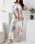 Women's 2 Piece Marble Print Pajama Set Half Sleeve Side Slit Top and Straight Leg Pants Casual Loungewear