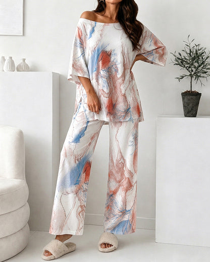Women's 2 Piece Marble Print Pajama Set Half Sleeve Side Slit Top and Straight Leg Pants Casual Loungewear