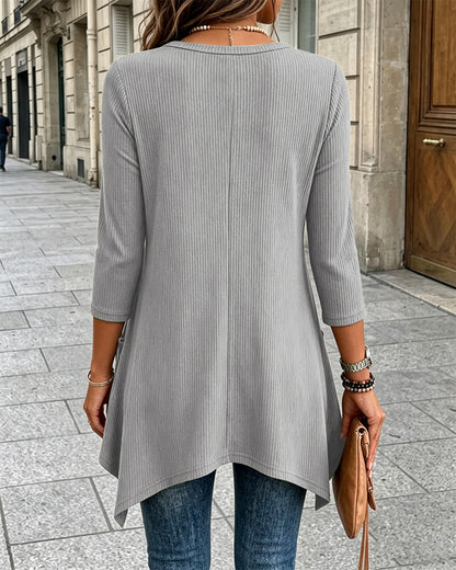 Women's Ribbed Asymmetrical Hem Top Crewneck Three Quarters Sleeve A-Line Casual Top