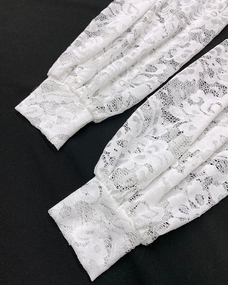 Contrast Lace Deep V-Neck Lantern Sleeve Lace Overlay Ruched Blouse Long Sleeve Slim Fit Top