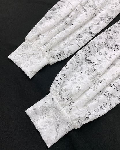 Contrast Lace Deep V-Neck Lantern Sleeve Lace Overlay Ruched Blouse Long Sleeve Slim Fit Top