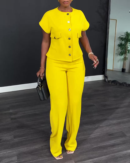 Women's 2 Piece Outfits Short Sleeve Button Down Top and Straight Leg Pants Set Casual Commuter Suits