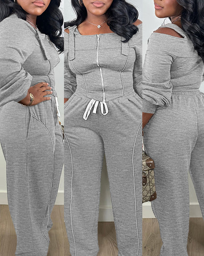 2 Pieces Outfit Trendy Long Sleeve Cold Shoulder Top and Drawstring Waist Pants with Pockets