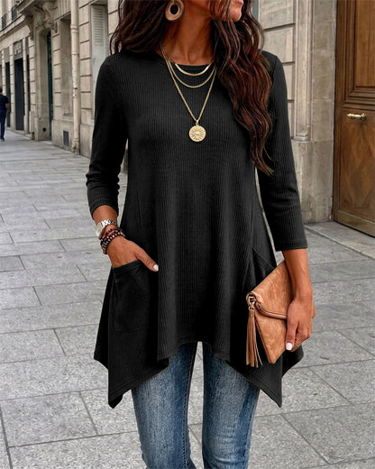 Women's Ribbed Asymmetrical Hem Top Crewneck Three Quarters Sleeve A-Line Casual Top