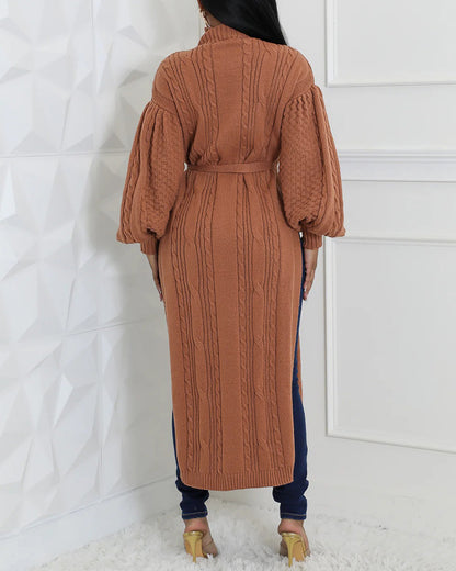 Cable Textured High Neck Lantern Sleeve Bow Tie Waist Sweater Casual High Slit Knit Longline Top