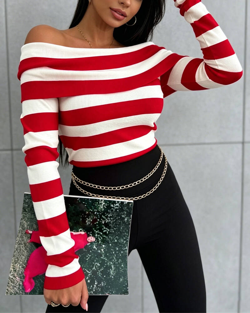 Women's Foldover Off Shoulder Striped Pullover Long Sleeve Slim Fit Knit Top