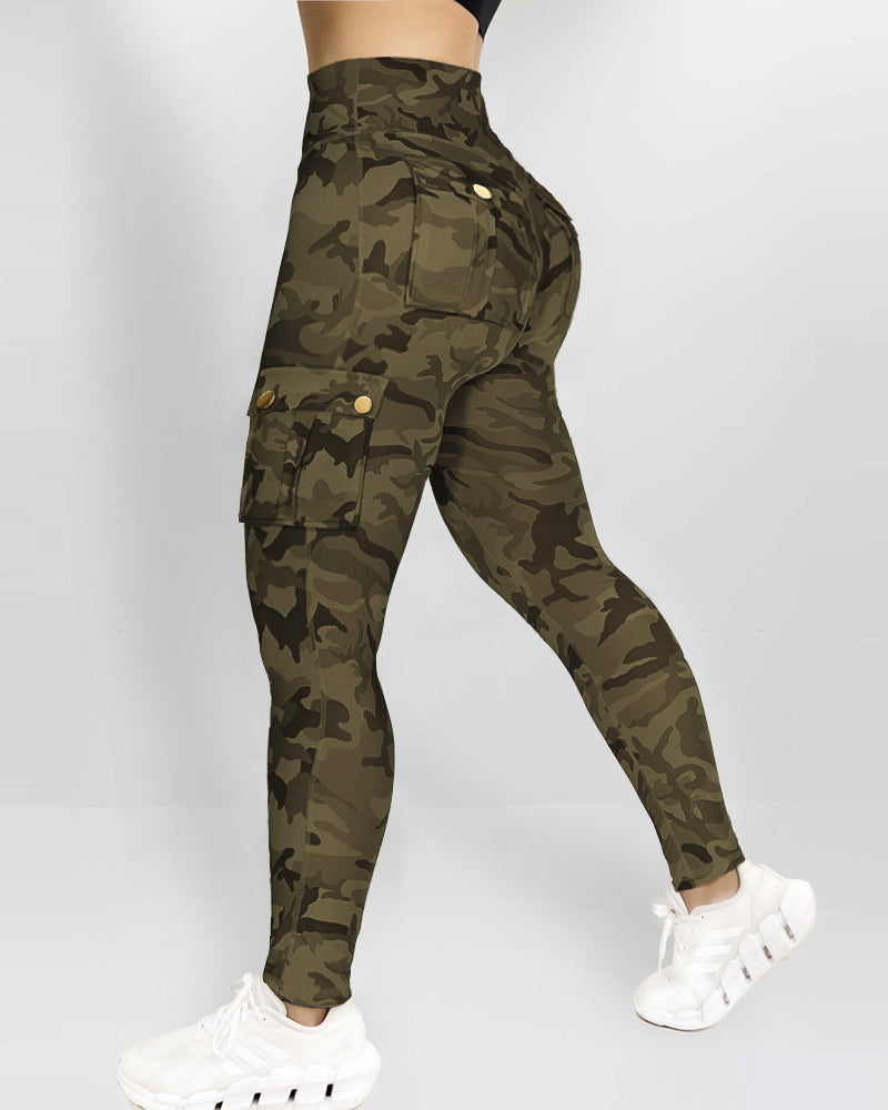 Camouflage Print High Waist Skinny Leggings Cargo Flap Pockets Casual Pants