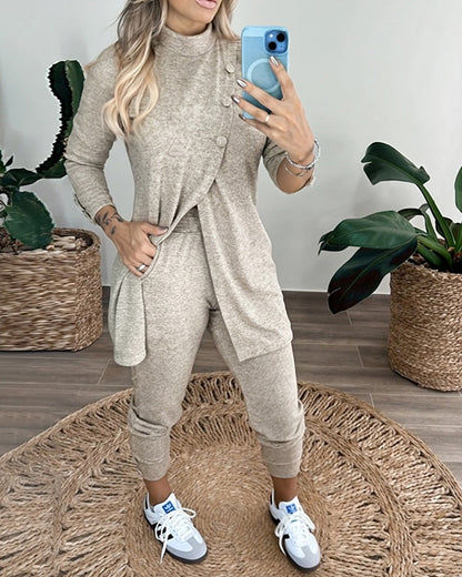 2 Pieces Outfit Mock Neck Long Sleeve Button Decor Slit Mid-Length Top and Stretchy Drawstring High Waist Slim Fit Pants Set