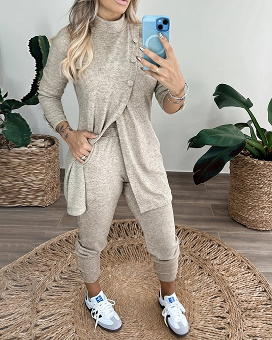 2 Pieces Outfit Mock Neck Long Sleeve Button Decor Slit Mid-Length Top and Stretchy Drawstring High Waist Slim Fit Pants Set